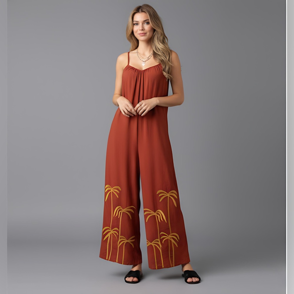 Rust Tropical Embroidery Wide Leg Cami Jumpsuit Without Belt